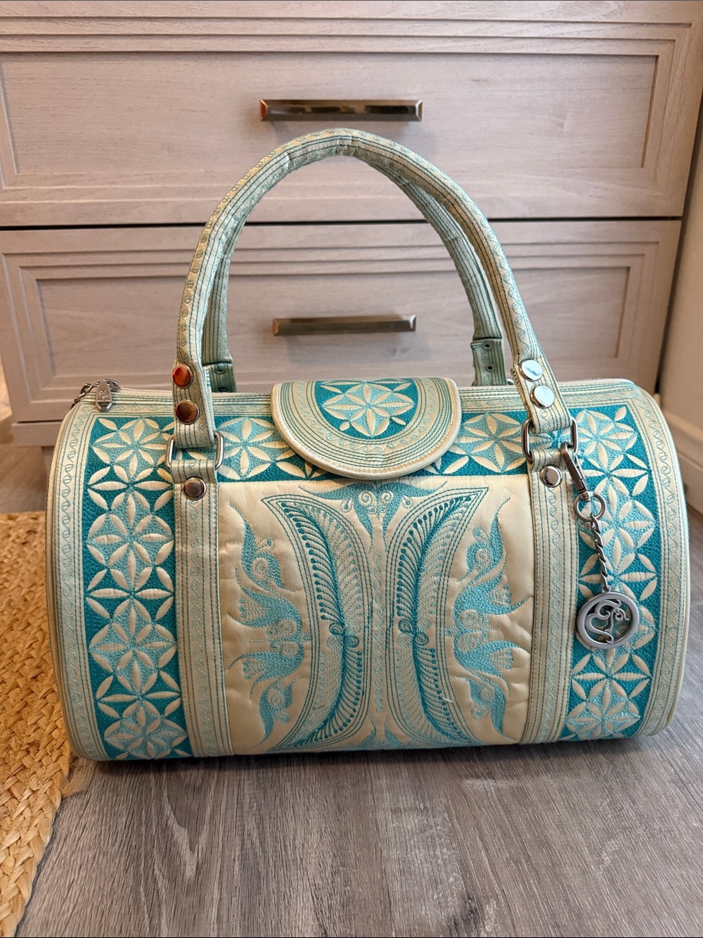Mini Weekender Banda Bag Teal and Cream Embroidered Barrel Satchel NWT